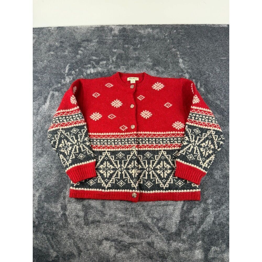 Vtg Eddie Bauer Wool Alpaca Nordic Fair Isle Red Cardigan Sweater Women's L